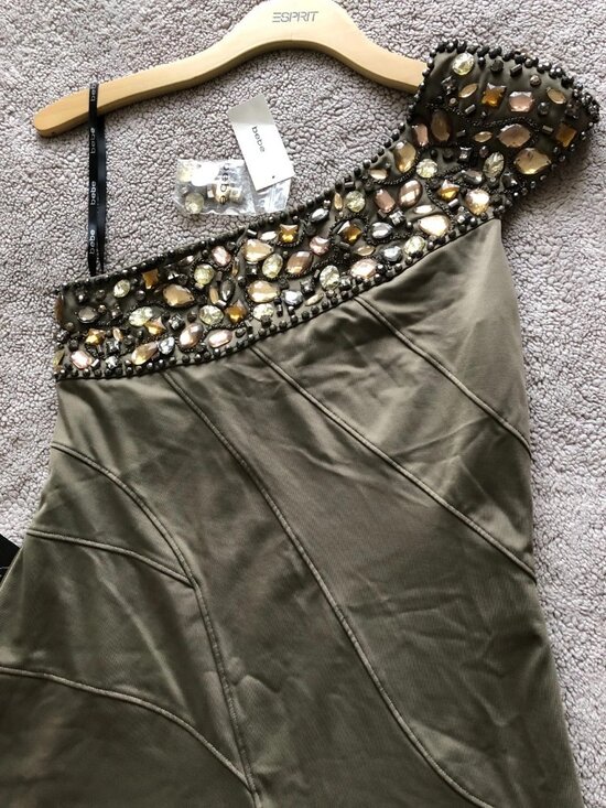 bebe Dresses & Skirts - Y2K-Bebe Olive Green Dramatic Beaded w/Crystals 1 Shoulder